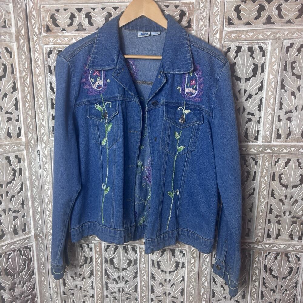 Vintage TILT Botanical Floral Embroidered Boho Chic Denim Jacket 90s/Y2K SZ XL